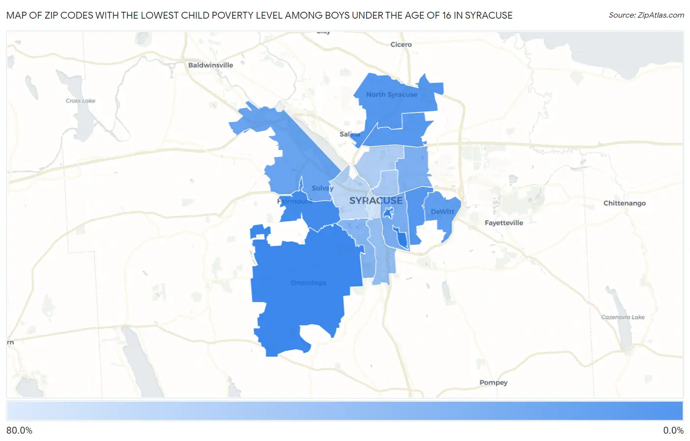 Zip Codes with the Lowest Child Poverty Level Among Boys Under the Age of 16 in Syracuse Map