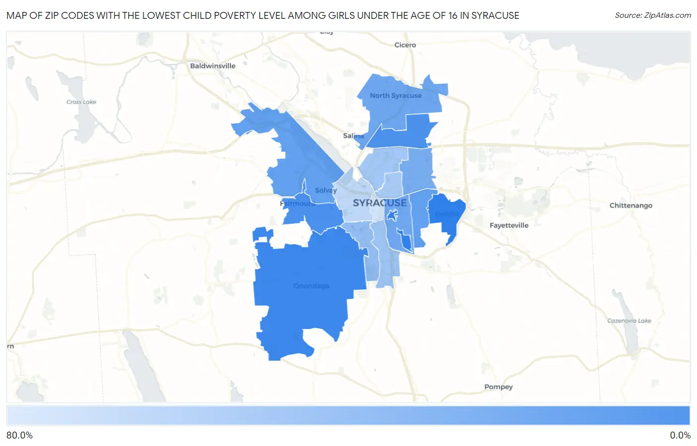 Zip Codes with the Lowest Child Poverty Level Among Girls Under the Age of 16 in Syracuse Map