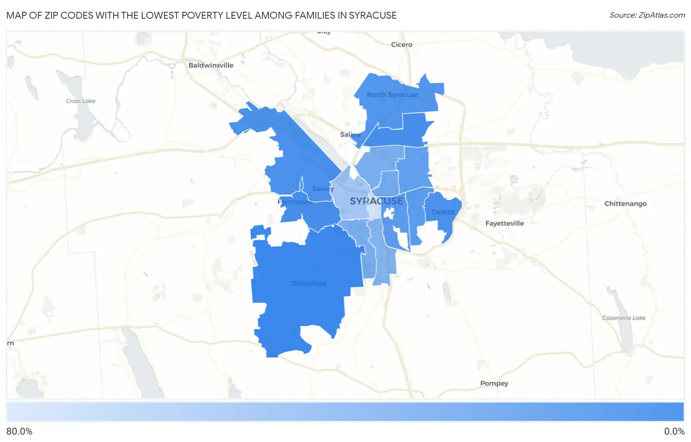 Zip Codes with the Lowest Poverty Level Among Families in Syracuse Map