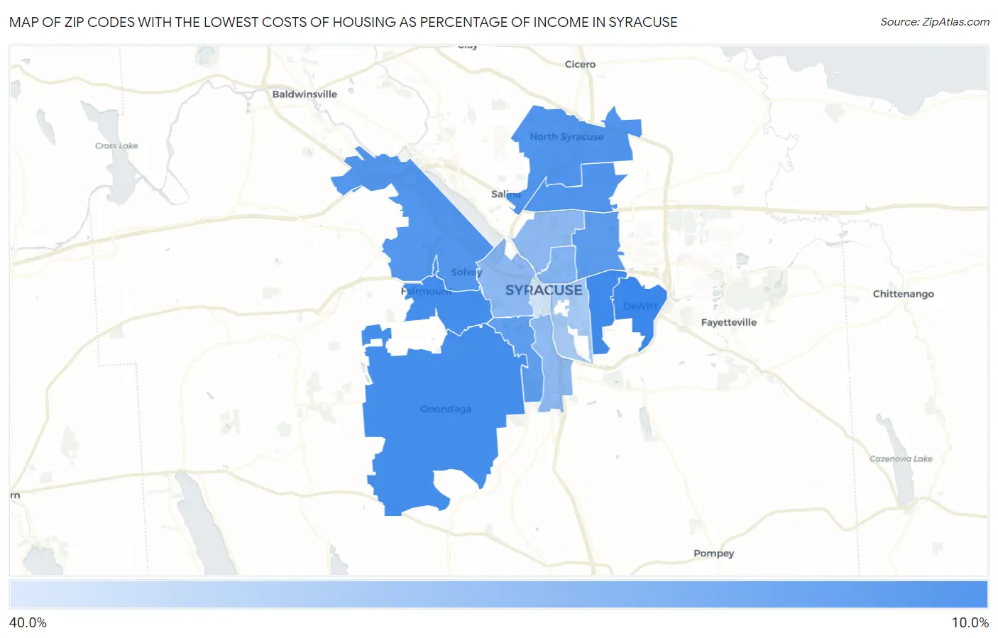 Zip Codes with the Lowest Costs of Housing as Percentage of Income in Syracuse Map