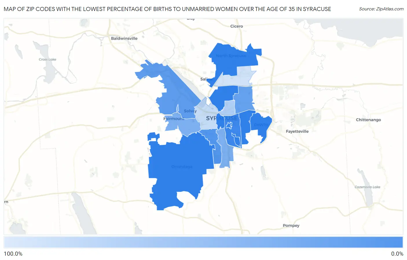 Zip Codes with the Lowest Percentage of Births to Unmarried Women over the Age of 35 in Syracuse Map