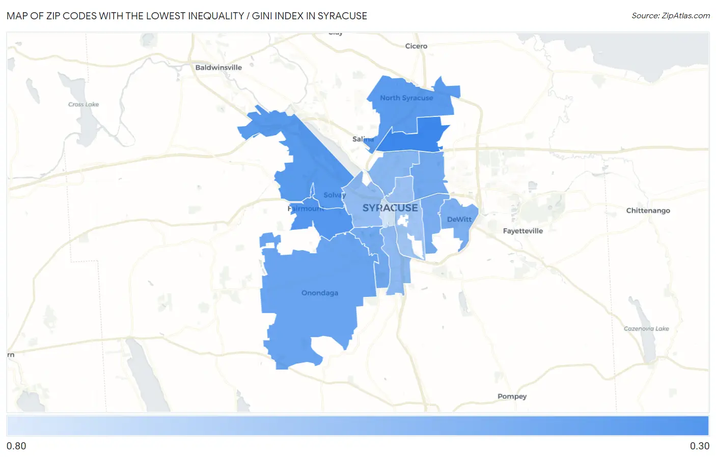 Zip Codes with the Lowest Inequality / Gini Index in Syracuse Map