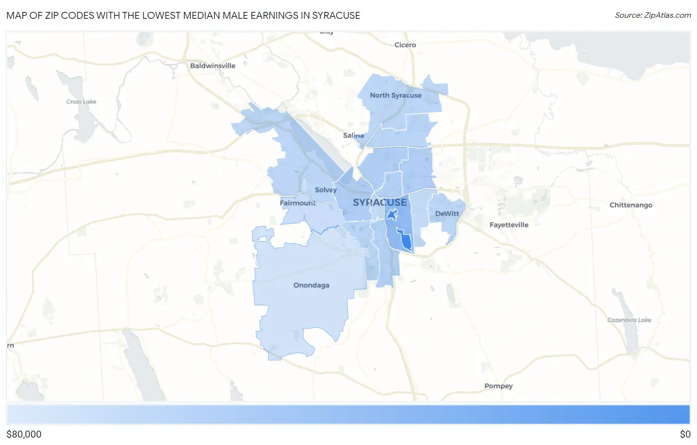 Zip Codes with the Lowest Median Male Earnings in Syracuse Map