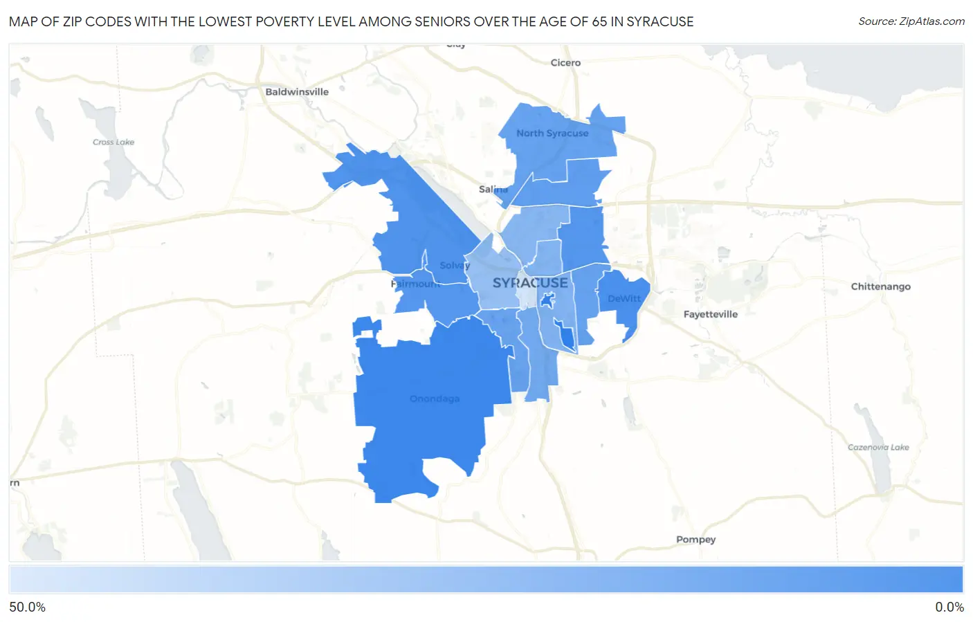 Zip Codes with the Lowest Poverty Level Among Seniors Over the Age of 65 in Syracuse Map