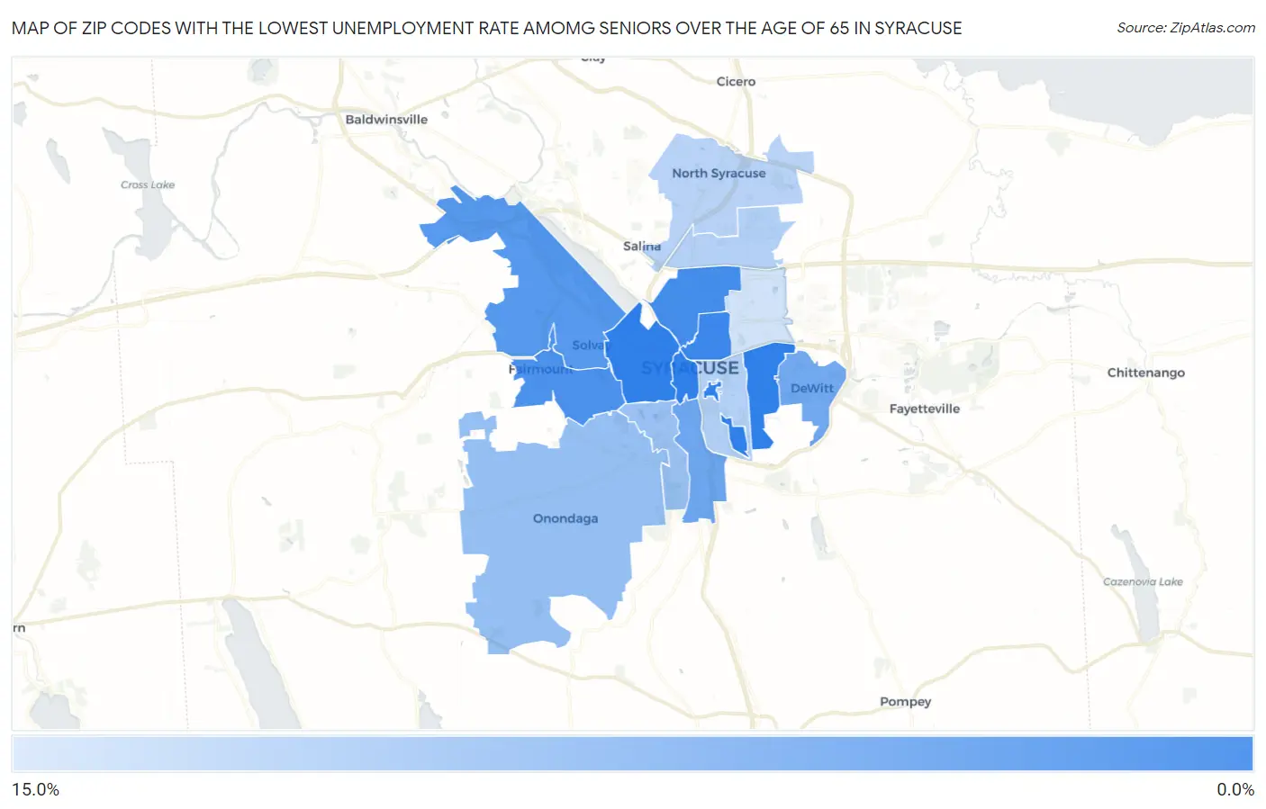 Zip Codes with the Lowest Unemployment Rate Amomg Seniors Over the Age of 65 in Syracuse Map