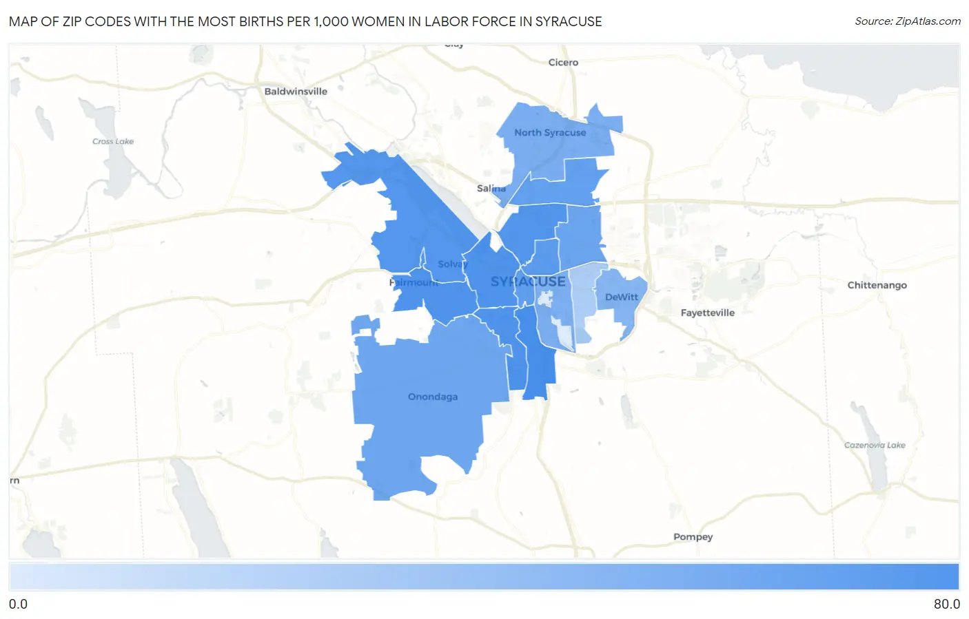 Zip Codes with the Most Births per 1,000 Women in Labor Force in Syracuse Map