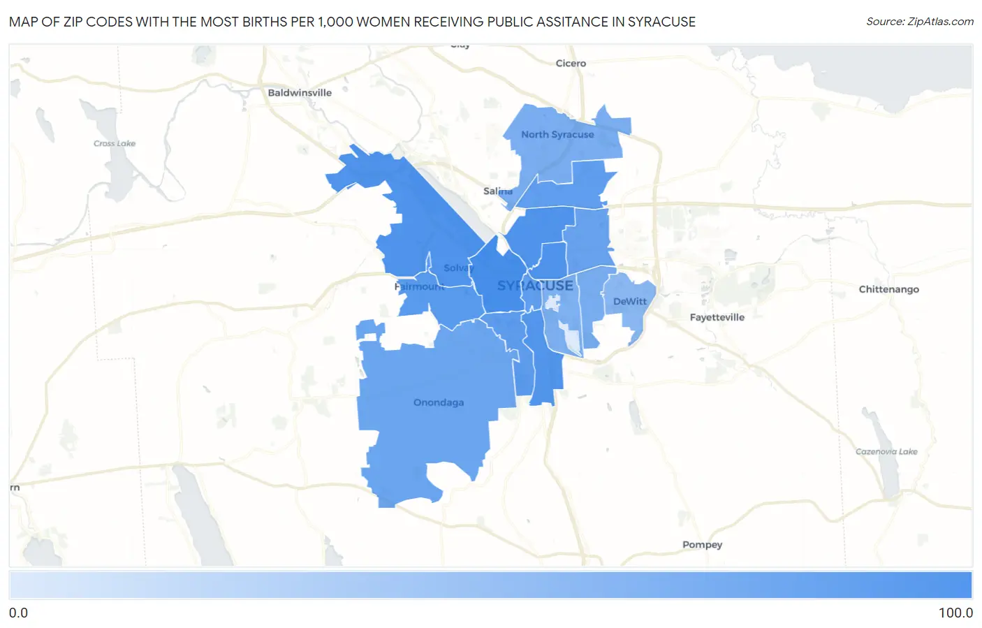 Zip Codes with the Most Births per 1,000 Women Receiving Public Assitance in Syracuse Map