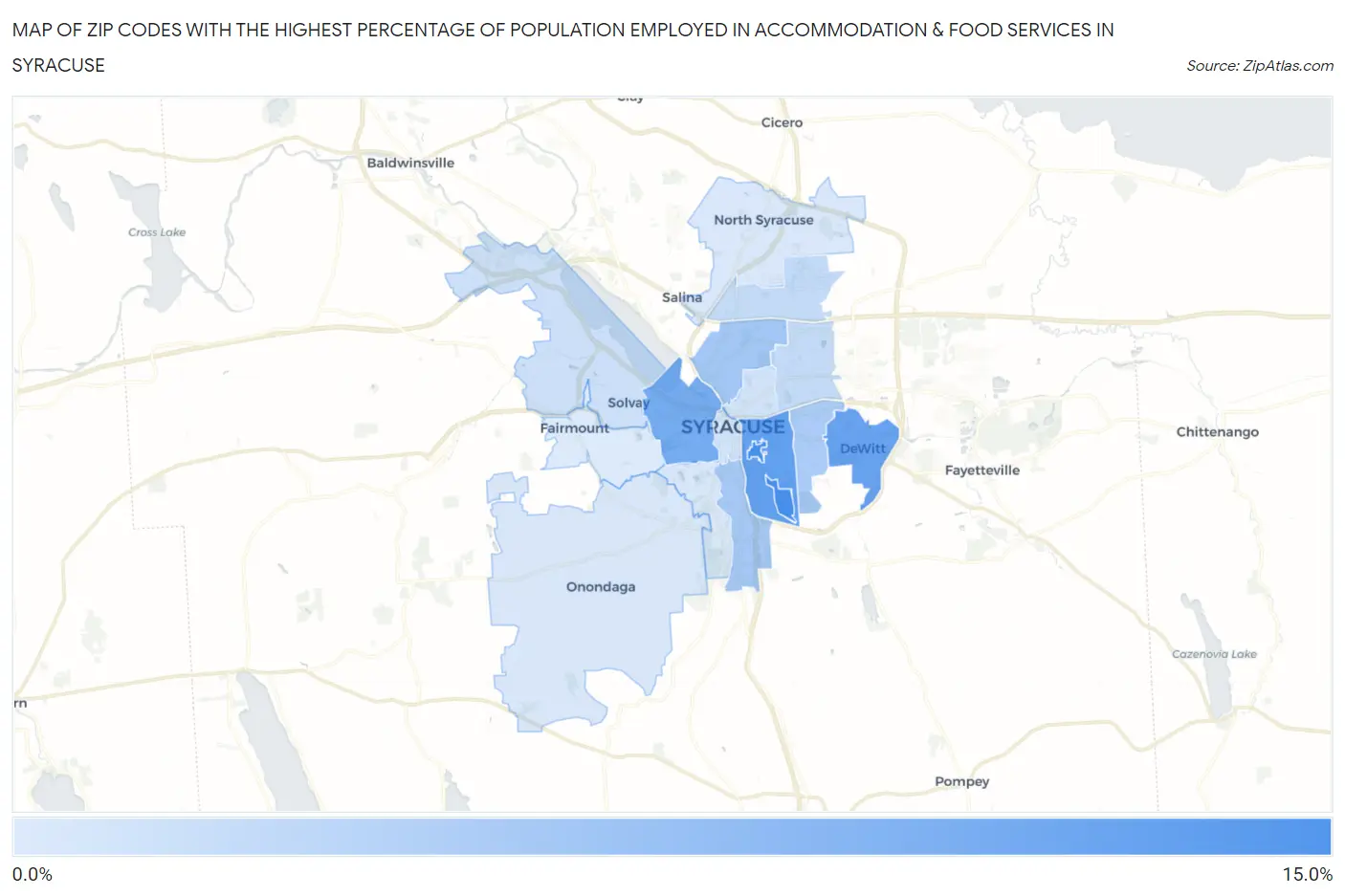 Zip Codes with the Highest Percentage of Population Employed in Accommodation & Food Services in Syracuse Map