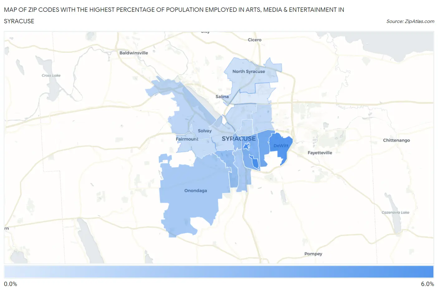 Zip Codes with the Highest Percentage of Population Employed in Arts, Media & Entertainment in Syracuse Map