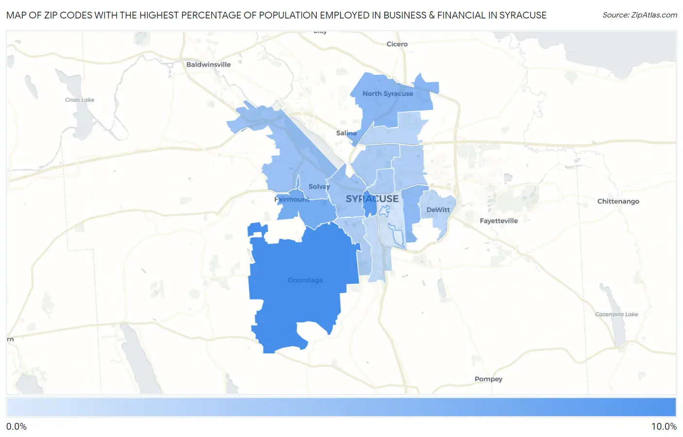 Zip Codes with the Highest Percentage of Population Employed in Business & Financial in Syracuse Map