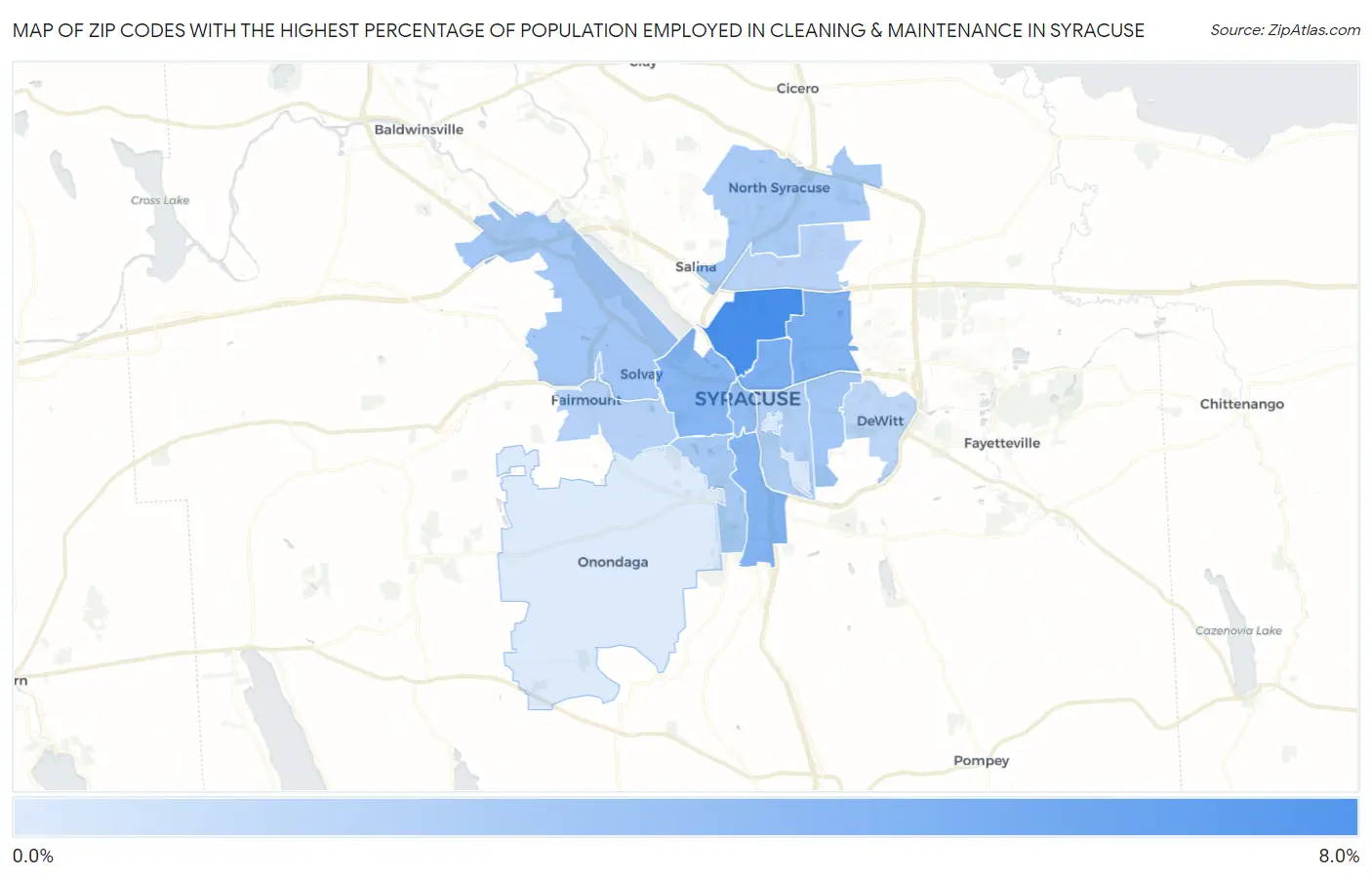 Zip Codes with the Highest Percentage of Population Employed in Cleaning & Maintenance in Syracuse Map