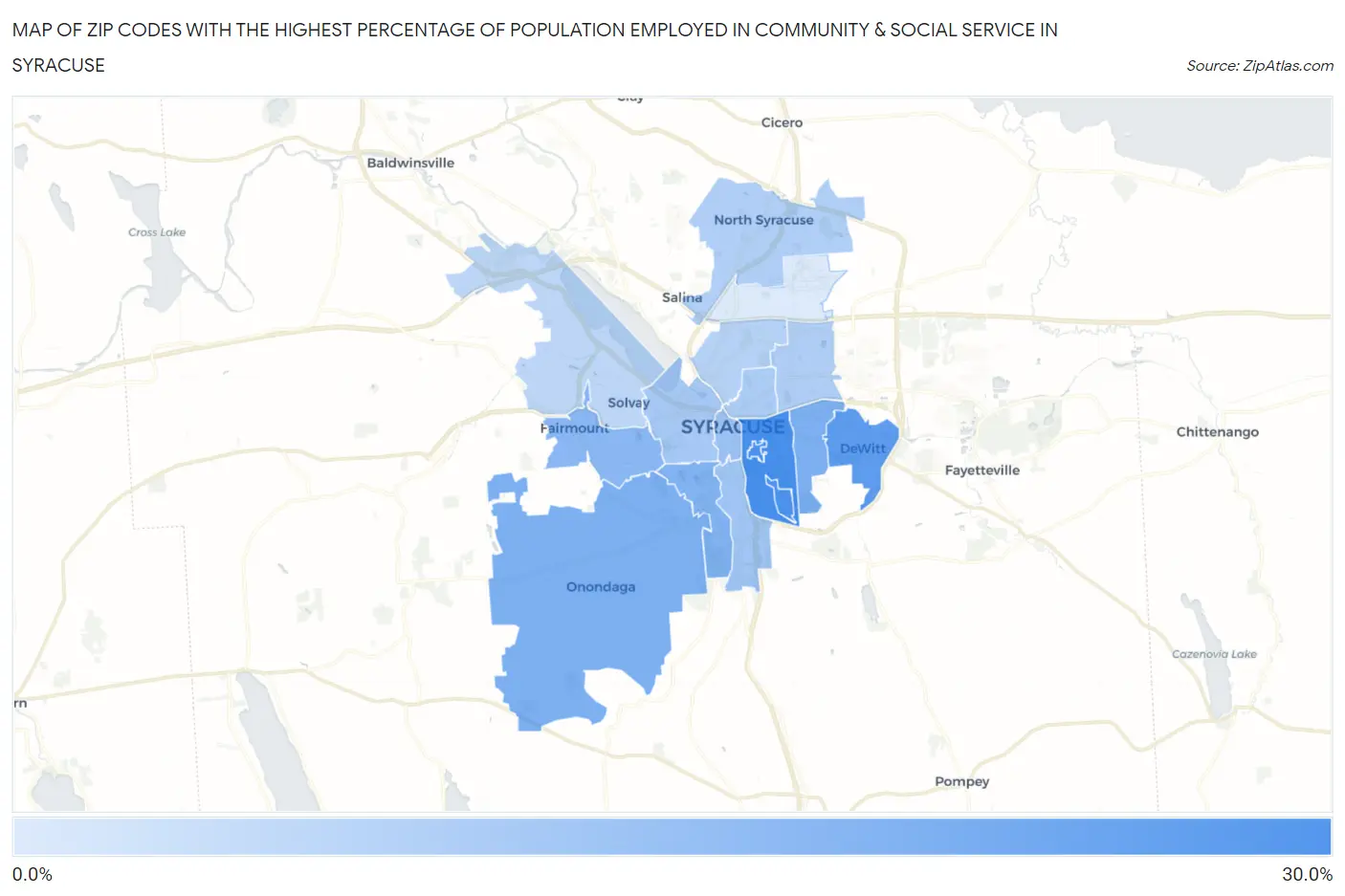 Zip Codes with the Highest Percentage of Population Employed in Community & Social Service  in Syracuse Map