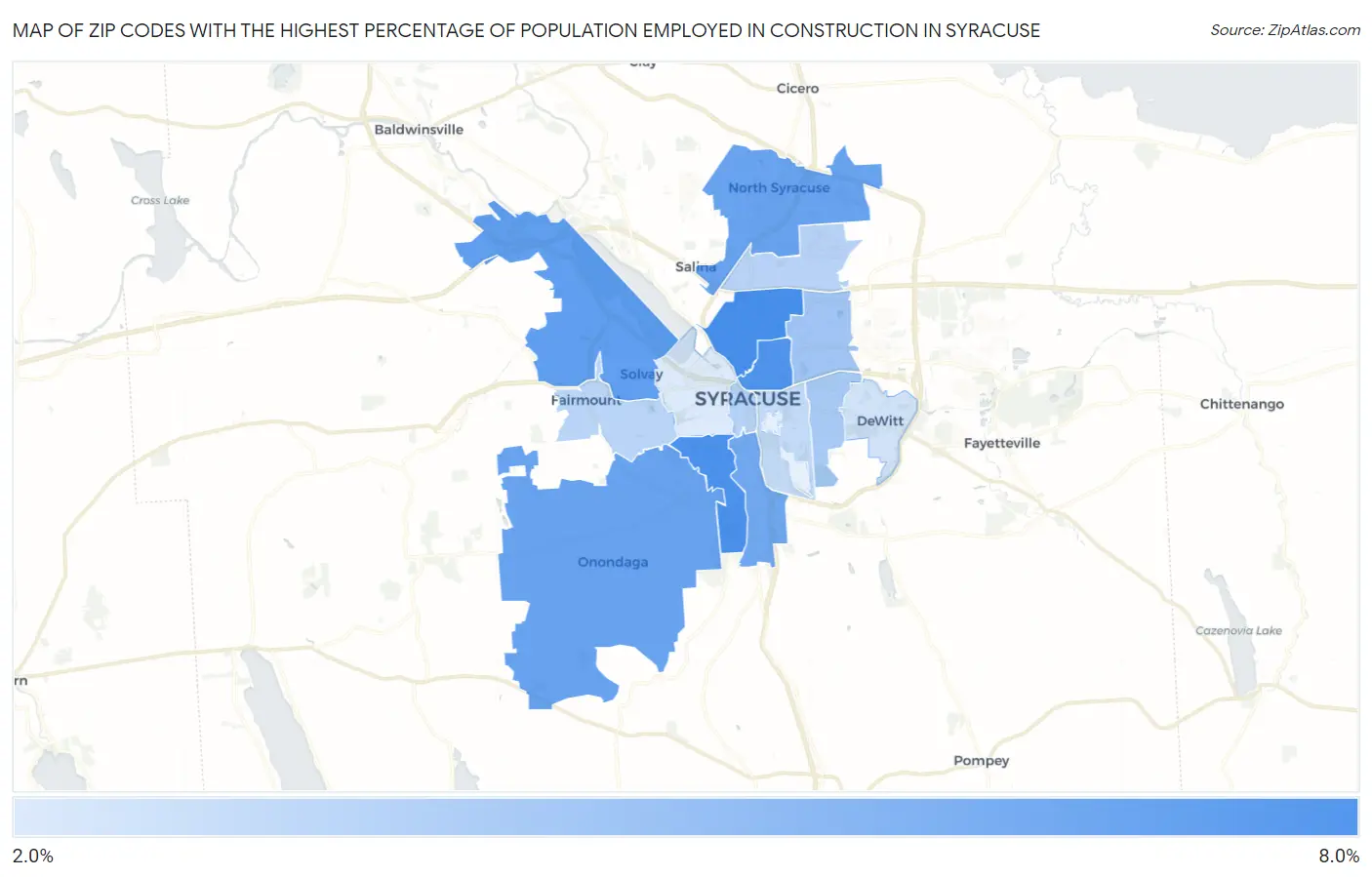 Zip Codes with the Highest Percentage of Population Employed in Construction in Syracuse Map