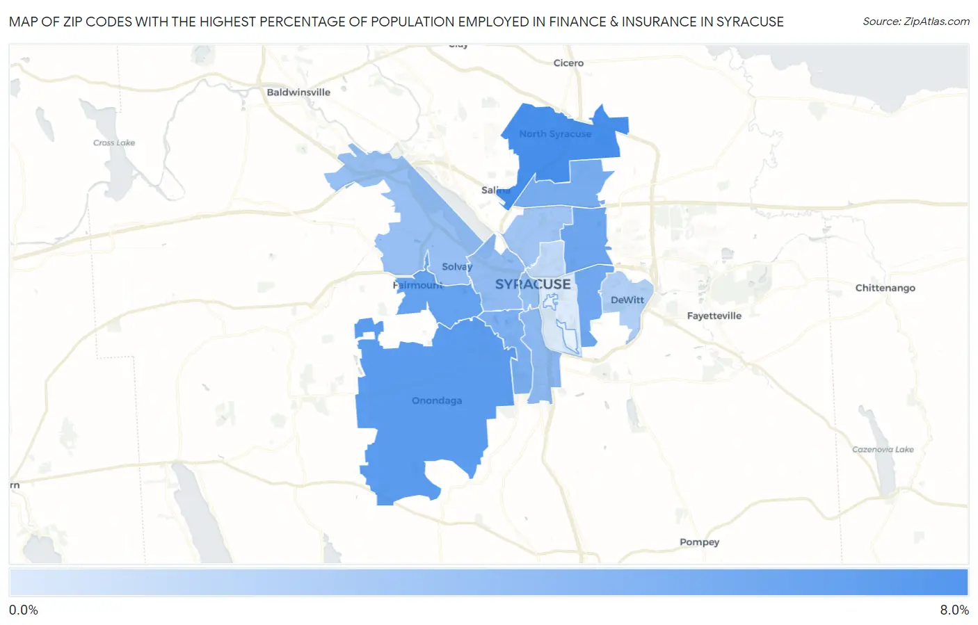 Zip Codes with the Highest Percentage of Population Employed in Finance & Insurance in Syracuse Map