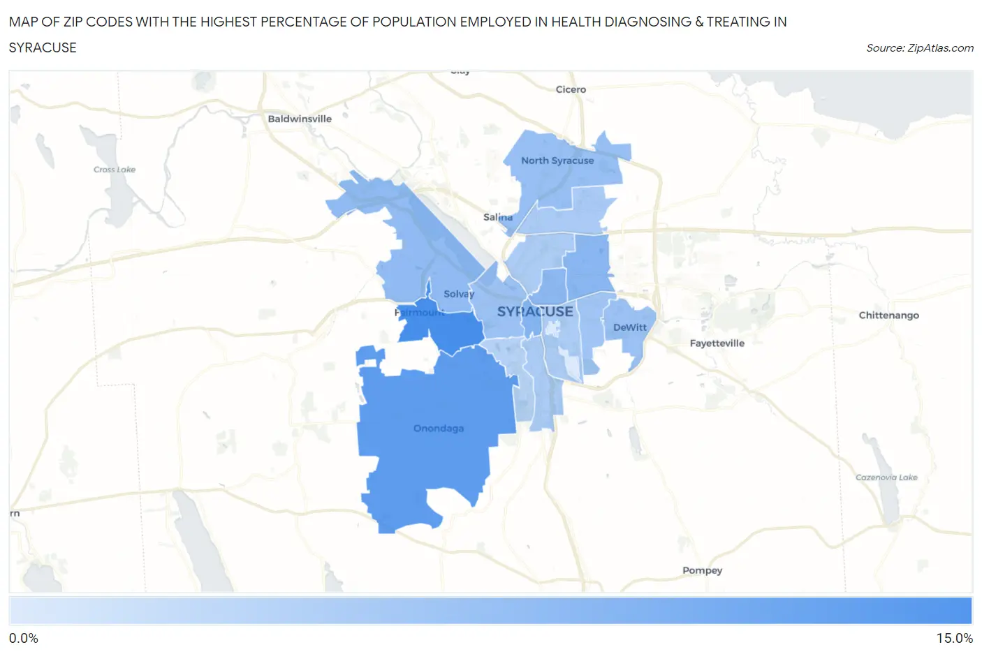 Zip Codes with the Highest Percentage of Population Employed in Health Diagnosing & Treating in Syracuse Map