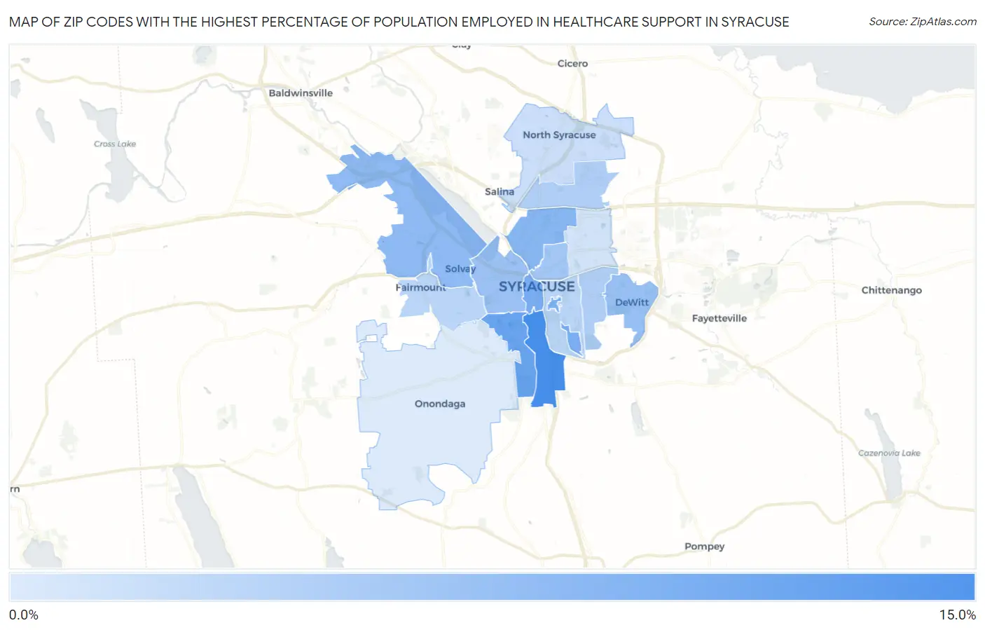 Zip Codes with the Highest Percentage of Population Employed in Healthcare Support in Syracuse Map