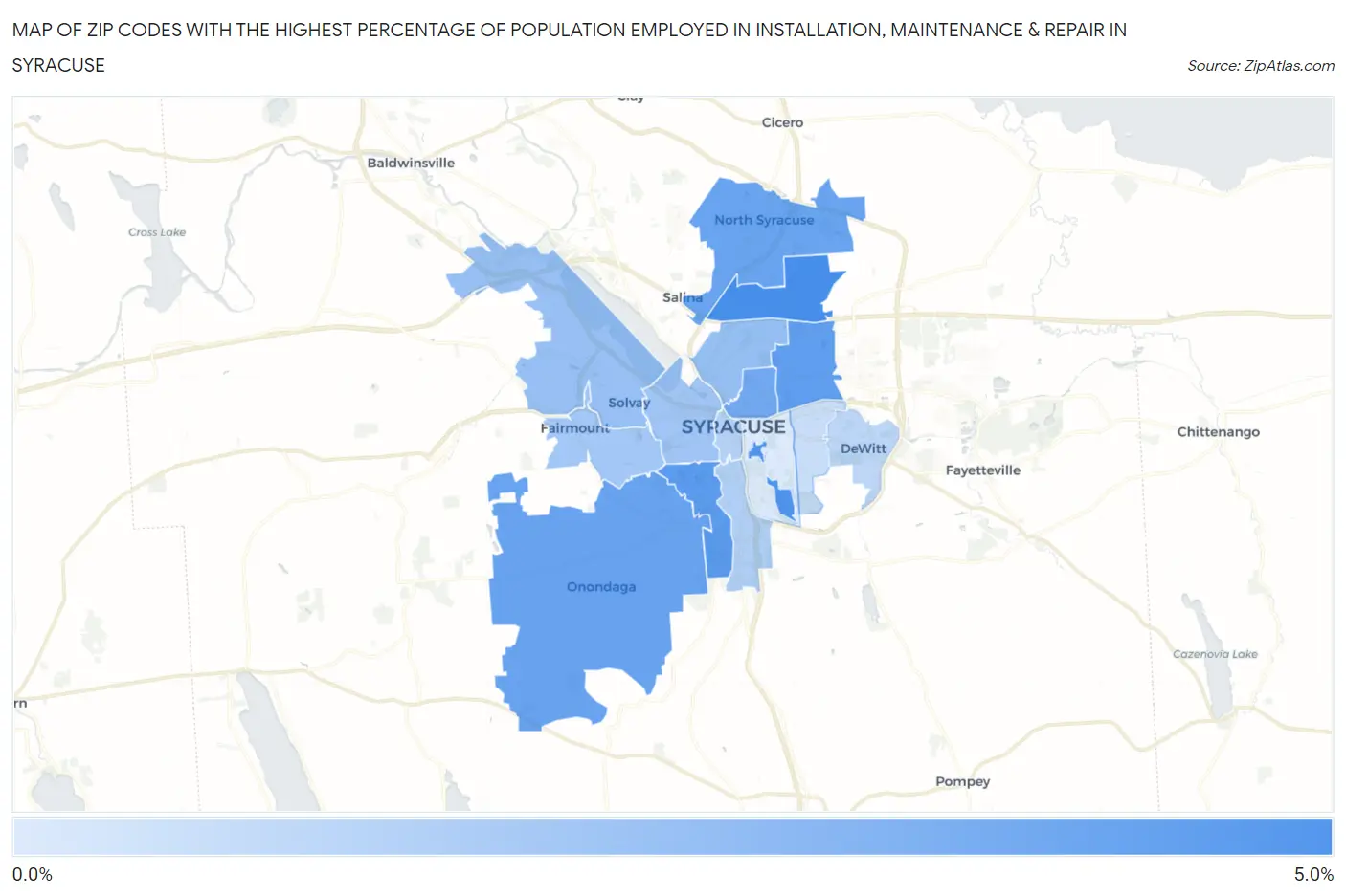 Zip Codes with the Highest Percentage of Population Employed in Installation, Maintenance & Repair in Syracuse Map