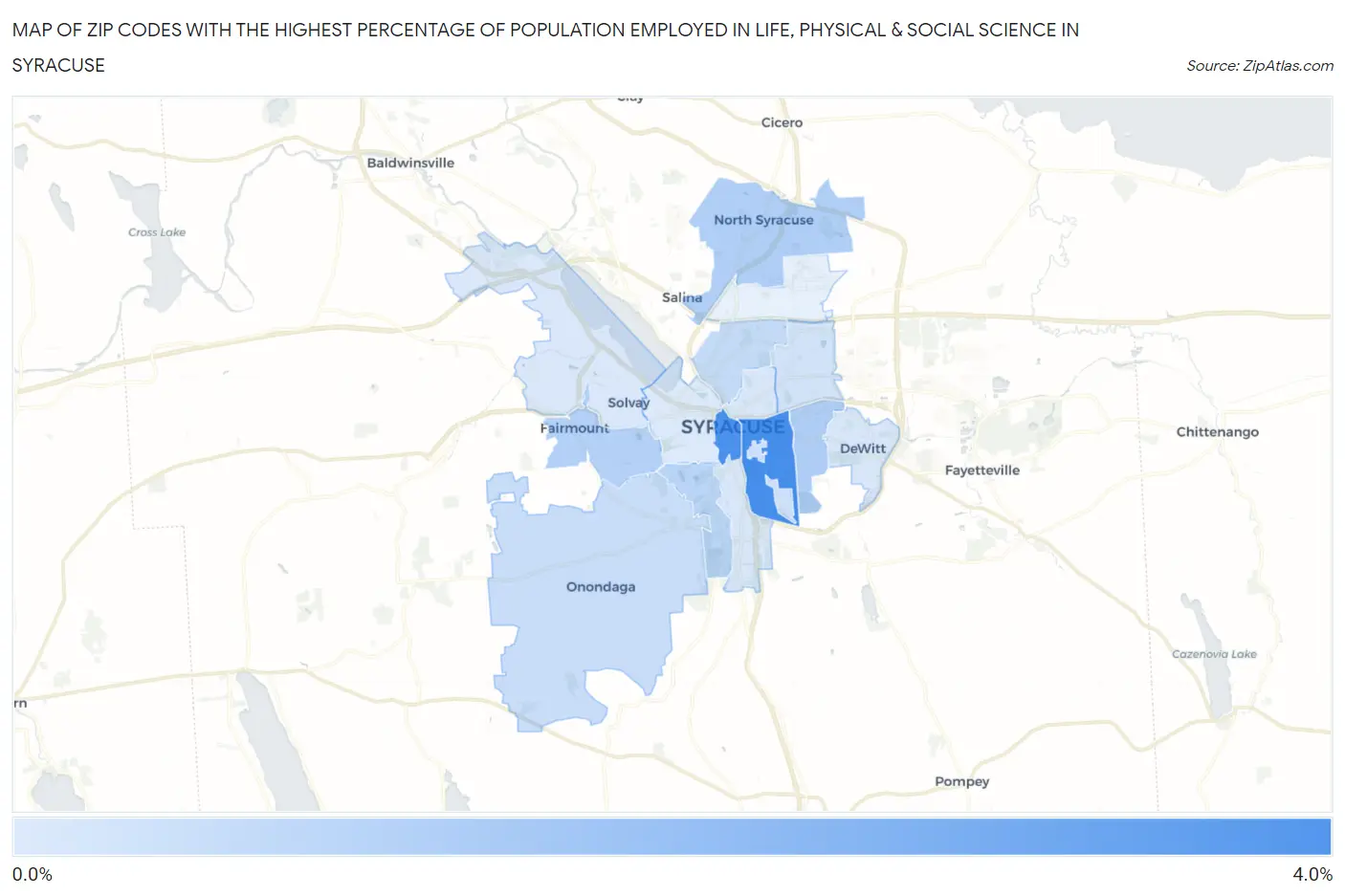 Zip Codes with the Highest Percentage of Population Employed in Life, Physical & Social Science in Syracuse Map