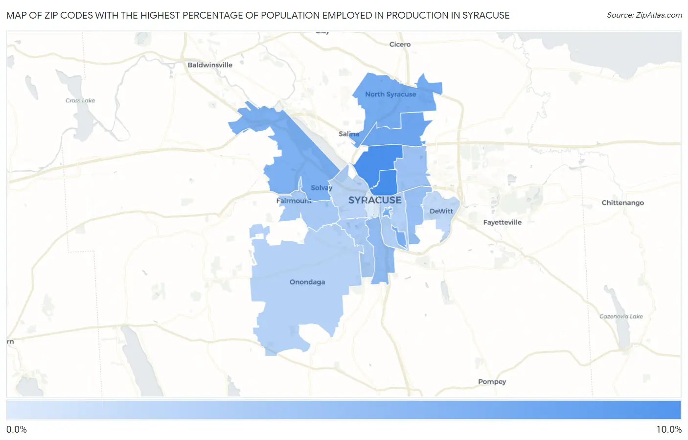 Zip Codes with the Highest Percentage of Population Employed in Production in Syracuse Map