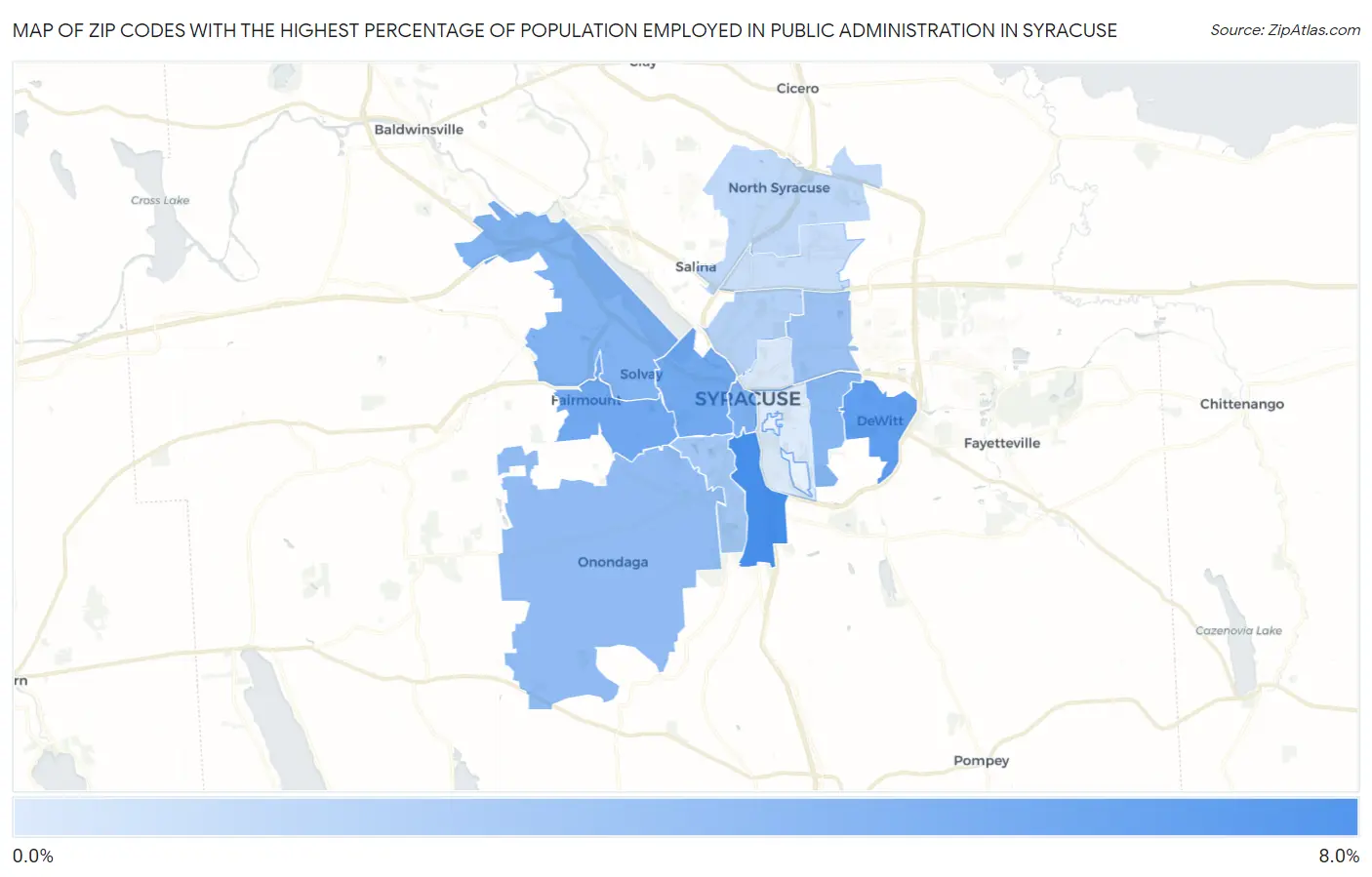 Zip Codes with the Highest Percentage of Population Employed in Public Administration in Syracuse Map