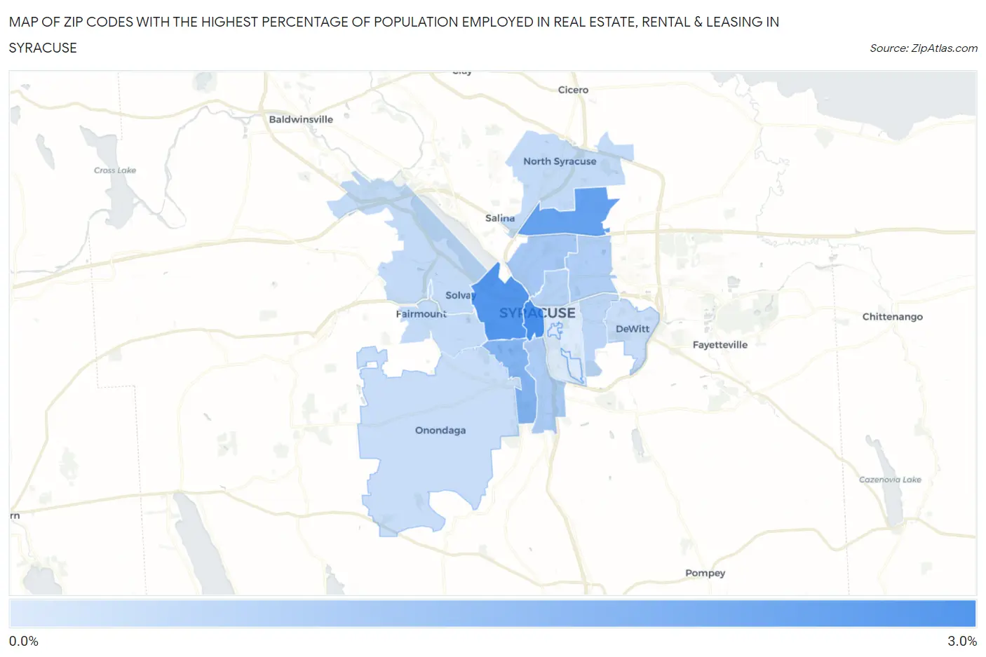 Zip Codes with the Highest Percentage of Population Employed in Real Estate, Rental & Leasing in Syracuse Map