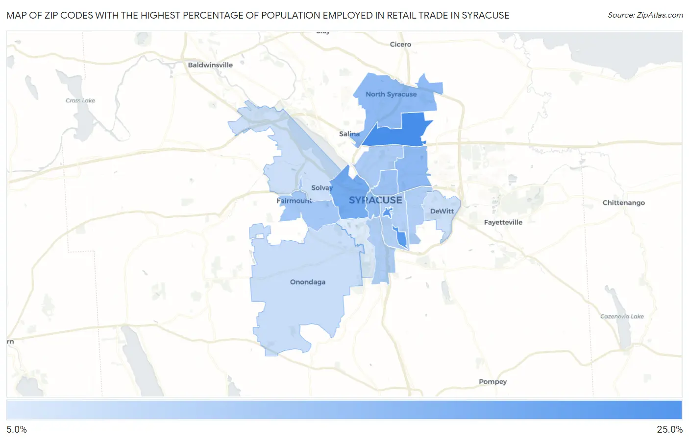 Zip Codes with the Highest Percentage of Population Employed in Retail Trade in Syracuse Map