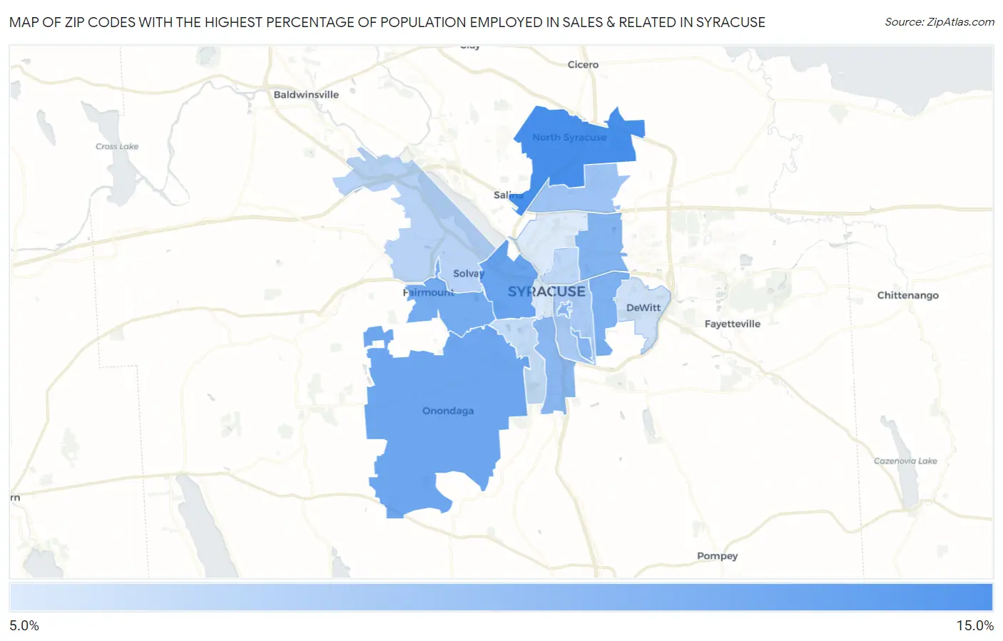Zip Codes with the Highest Percentage of Population Employed in Sales & Related in Syracuse Map