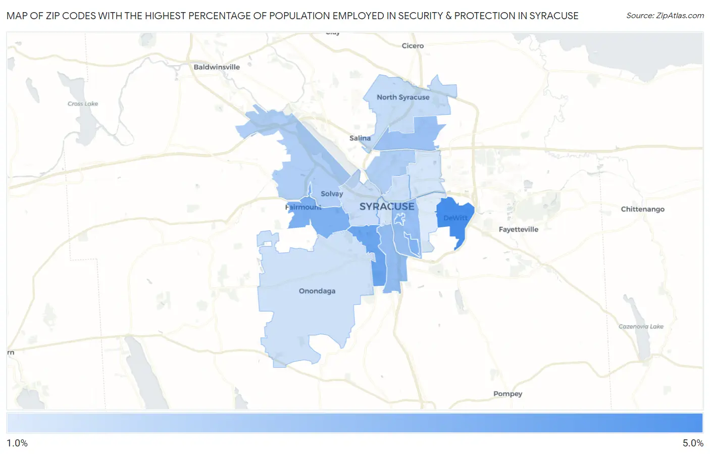 Zip Codes with the Highest Percentage of Population Employed in Security & Protection in Syracuse Map