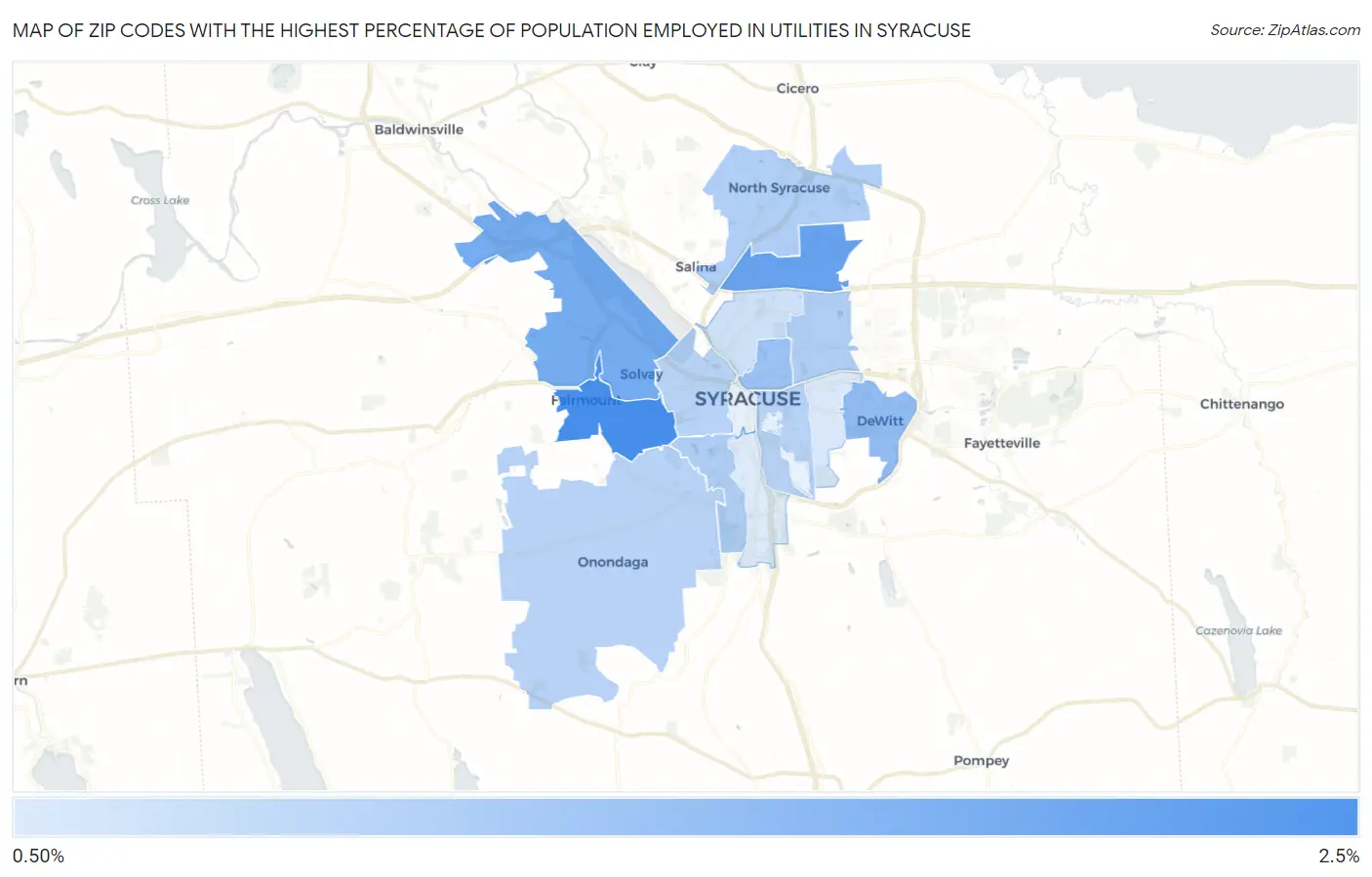 Zip Codes with the Highest Percentage of Population Employed in Utilities in Syracuse Map