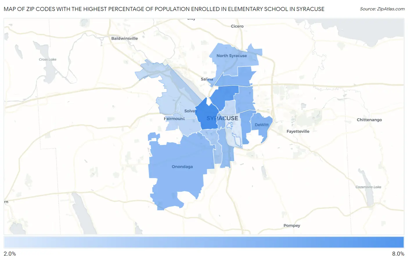 Zip Codes with the Highest Percentage of Population Enrolled in Elementary School in Syracuse Map