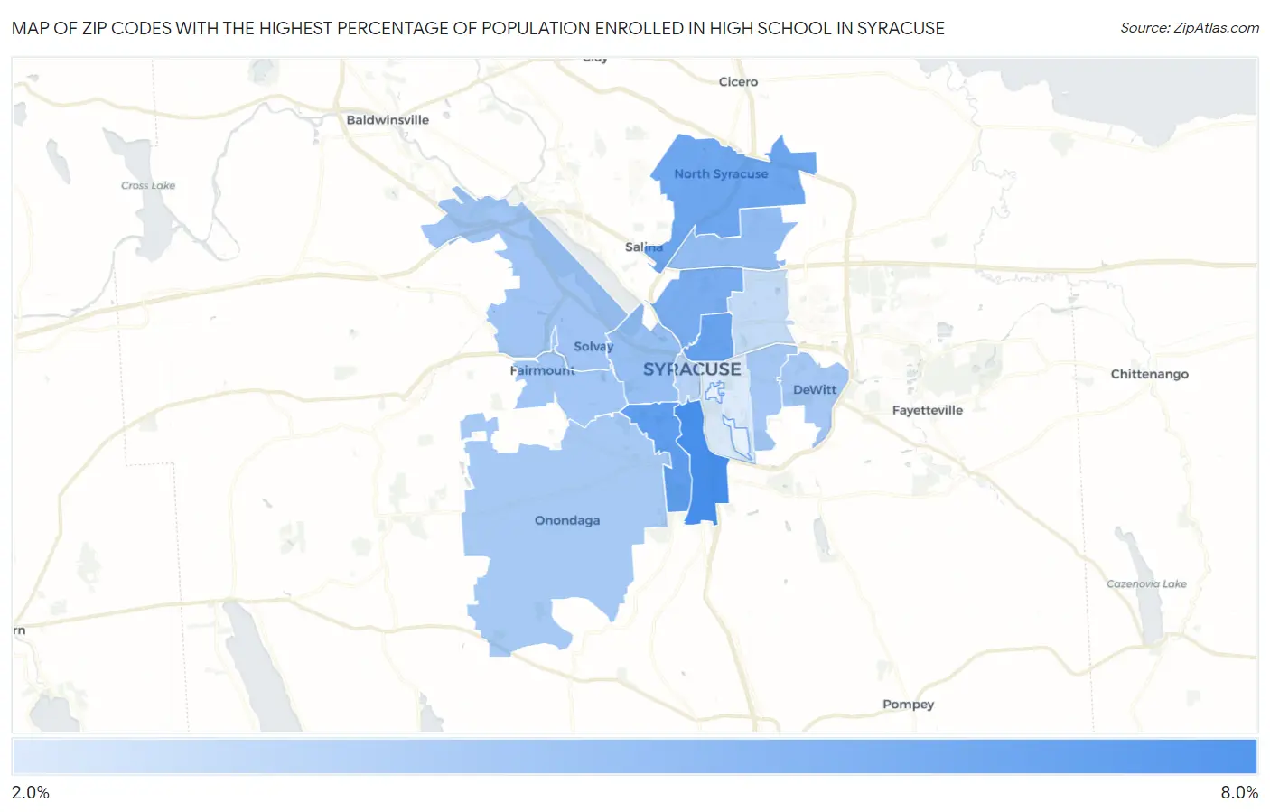 Zip Codes with the Highest Percentage of Population Enrolled in High School in Syracuse Map