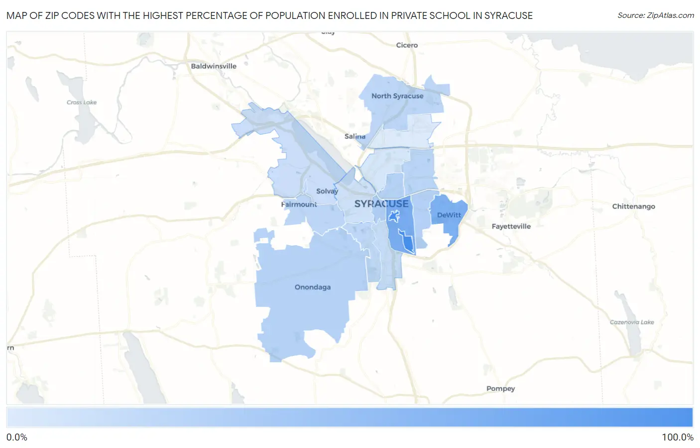 Zip Codes with the Highest Percentage of Population Enrolled in Private School in Syracuse Map