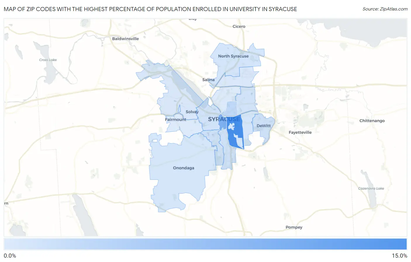Zip Codes with the Highest Percentage of Population Enrolled in University in Syracuse Map