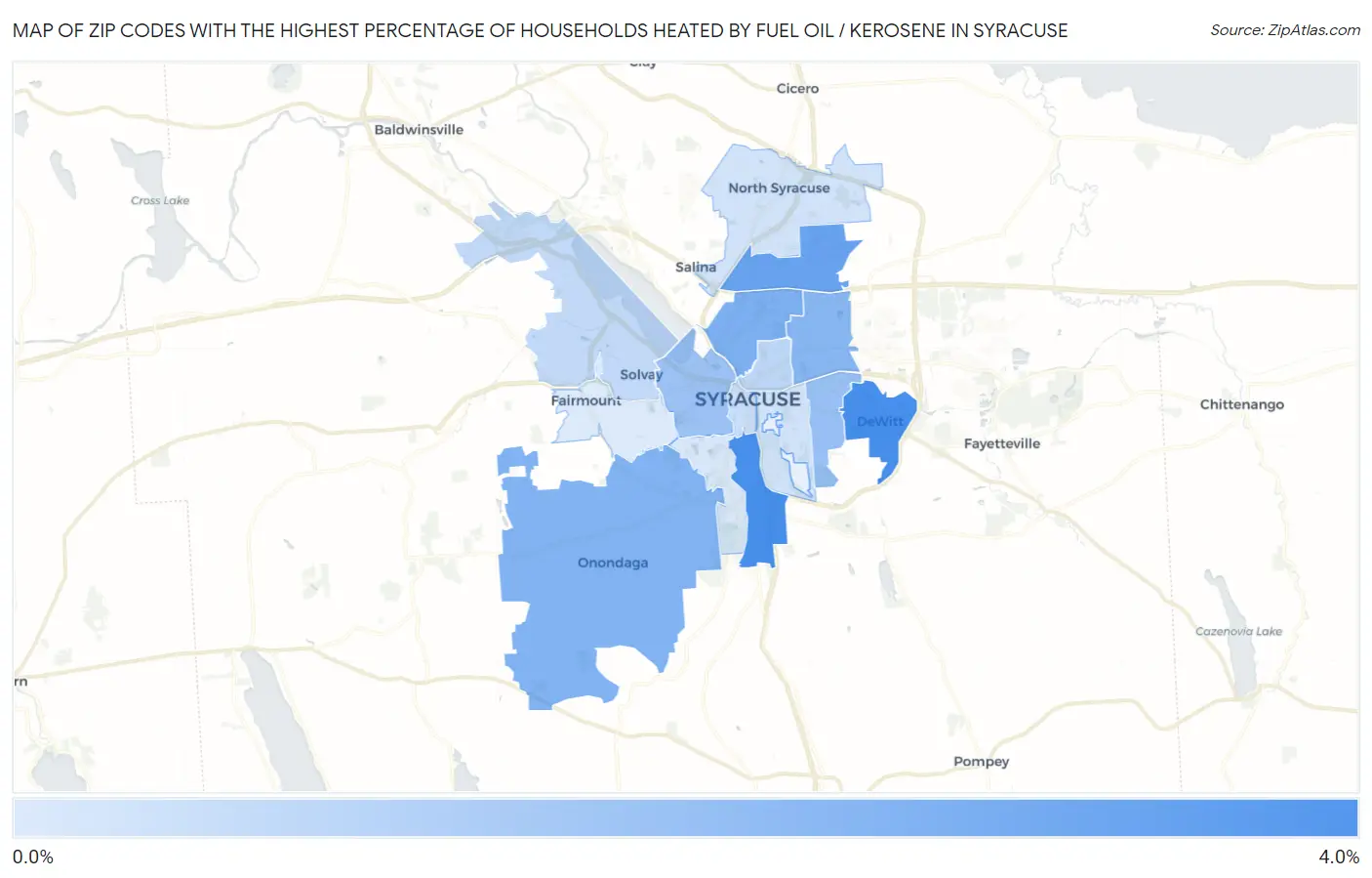 Zip Codes with the Highest Percentage of Households Heated by Fuel Oil / Kerosene in Syracuse Map