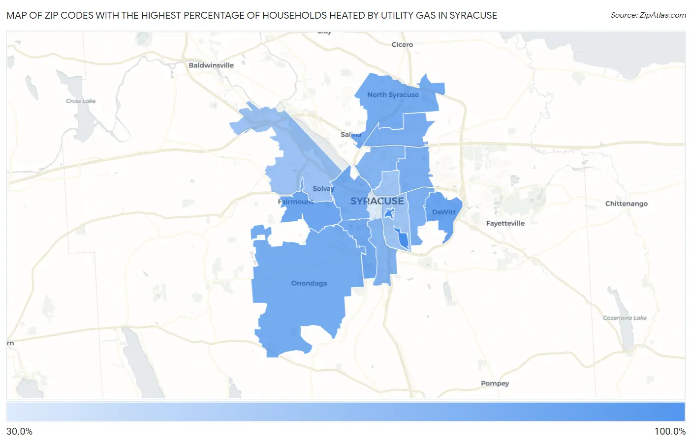 Zip Codes with the Highest Percentage of Households Heated by Utility Gas in Syracuse Map