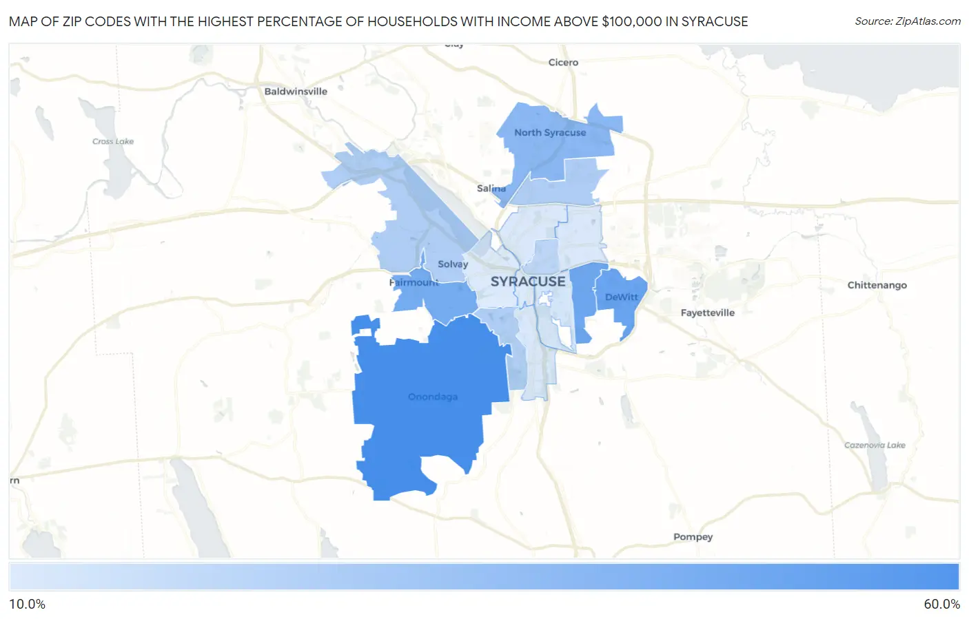 Zip Codes with the Highest Percentage of Households with Income Above $100,000 in Syracuse Map