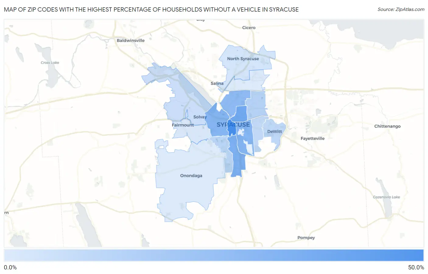 Zip Codes with the Highest Percentage of Households Without a Vehicle in Syracuse Map