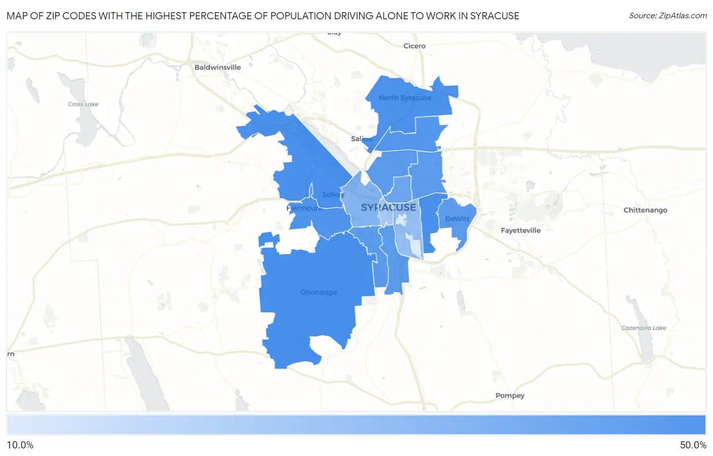 Zip Codes with the Highest Percentage of Population Driving Alone to Work in Syracuse Map