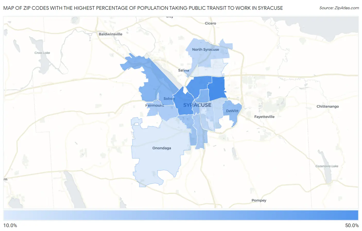 Zip Codes with the Highest Percentage of Population Taking Public Transit to Work in Syracuse Map
