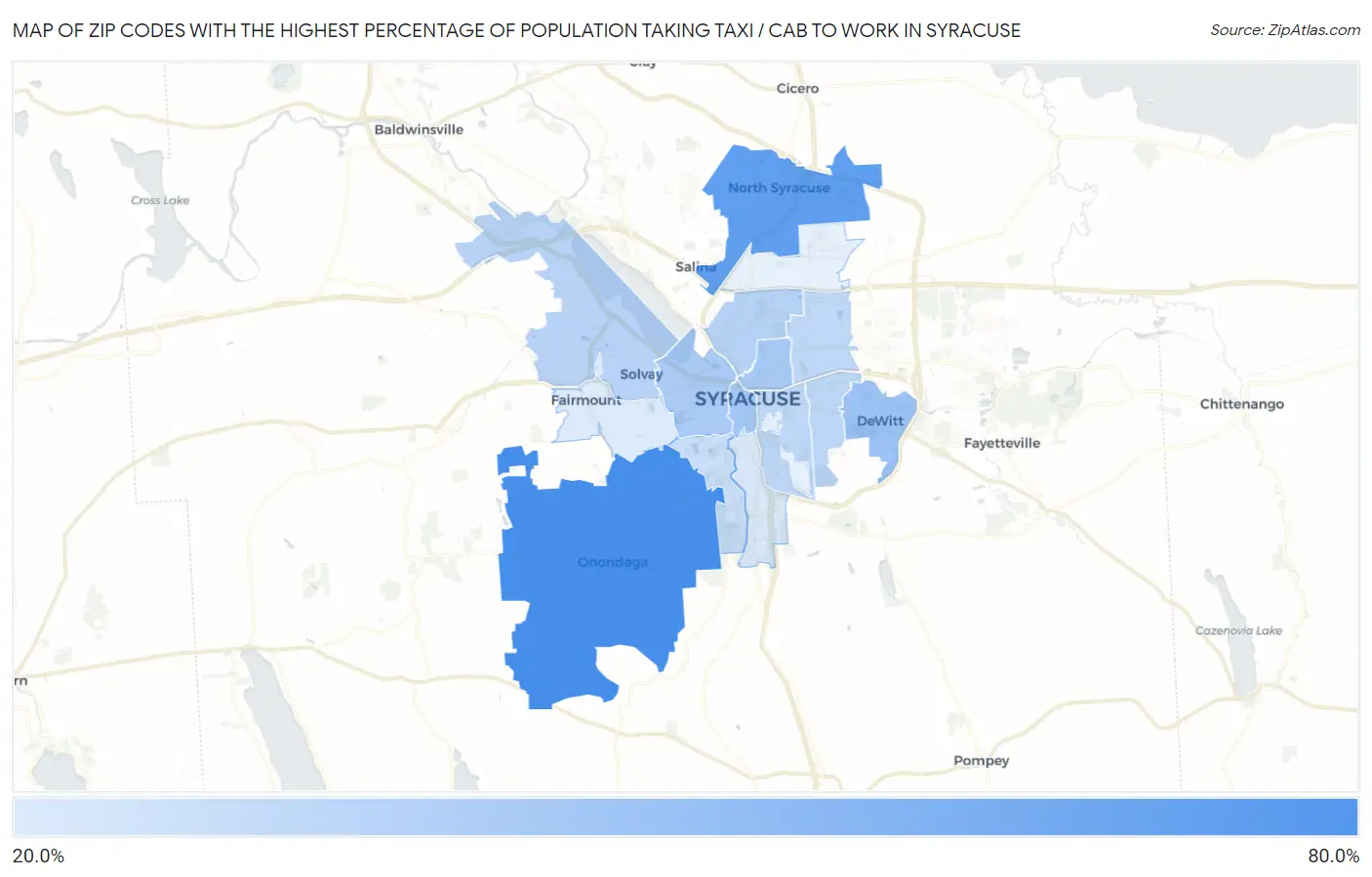 Zip Codes with the Highest Percentage of Population Taking Taxi / Cab to Work in Syracuse Map