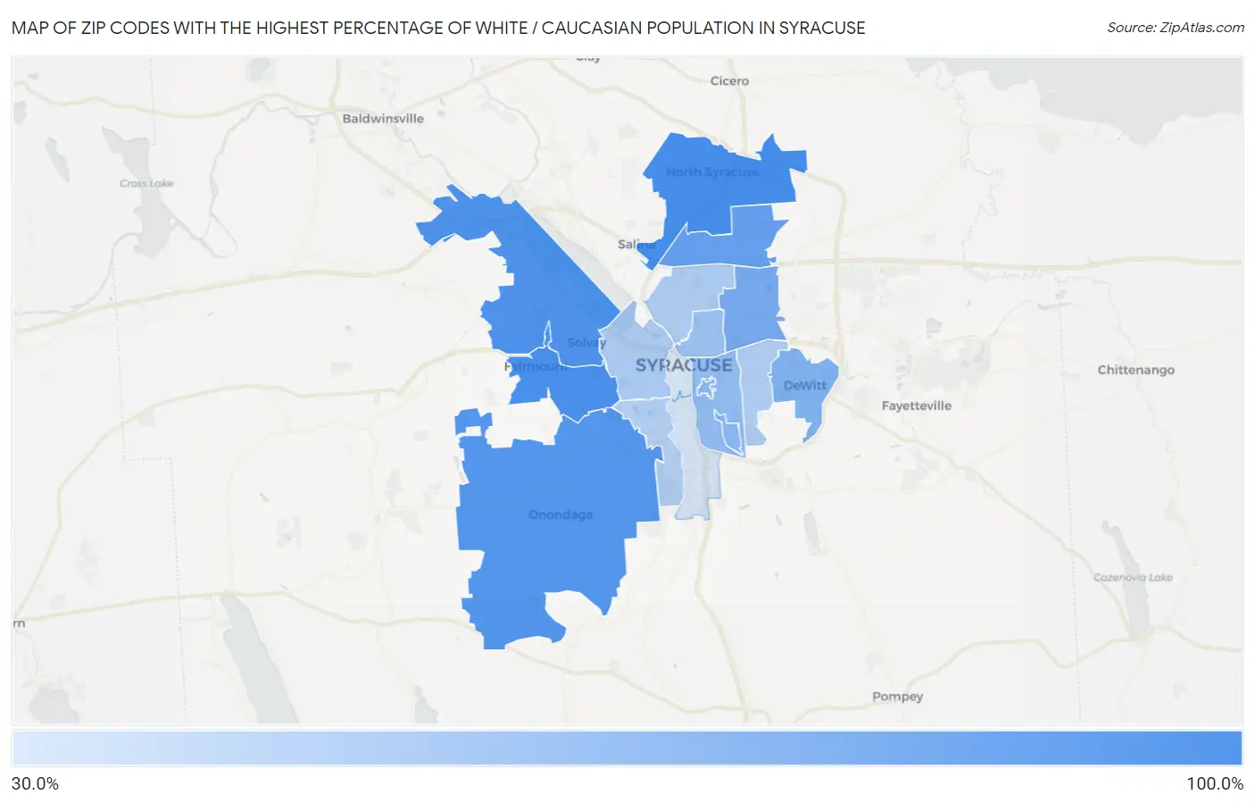Zip Codes with the Highest Percentage of White / Caucasian Population in Syracuse Map
