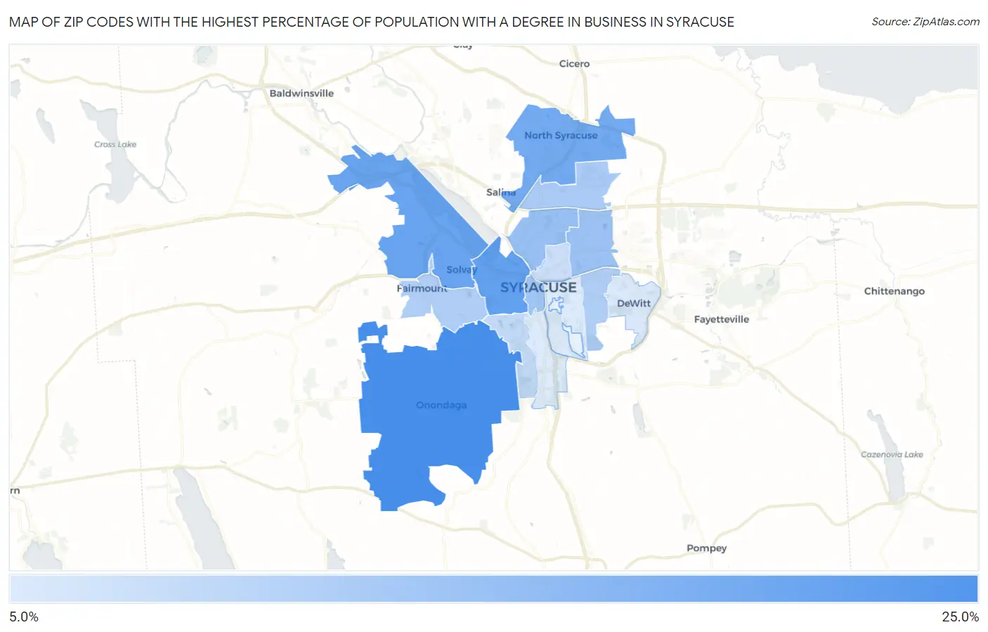Zip Codes with the Highest Percentage of Population with a Degree in Business in Syracuse Map