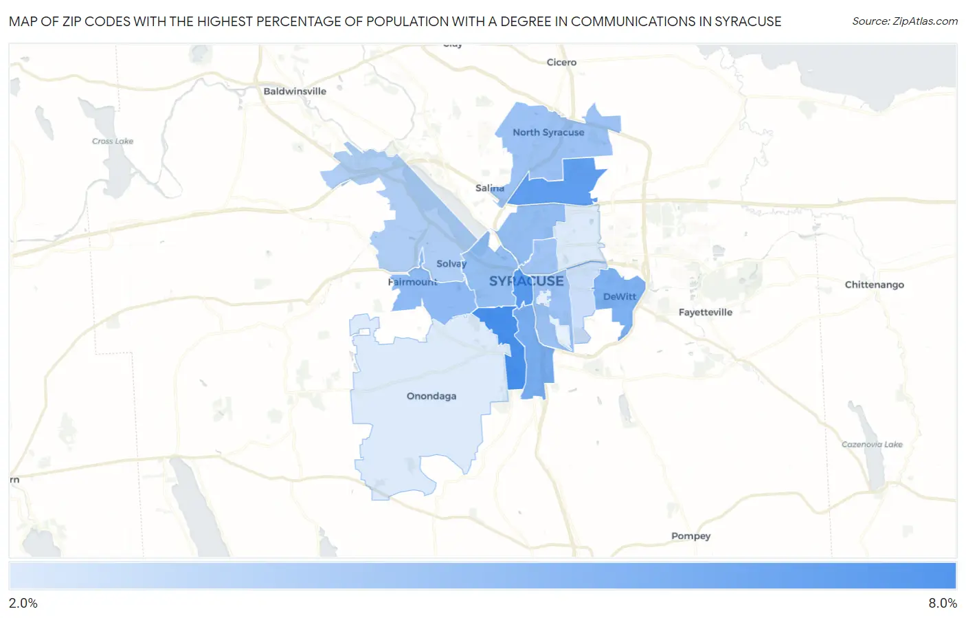 Zip Codes with the Highest Percentage of Population with a Degree in Communications in Syracuse Map