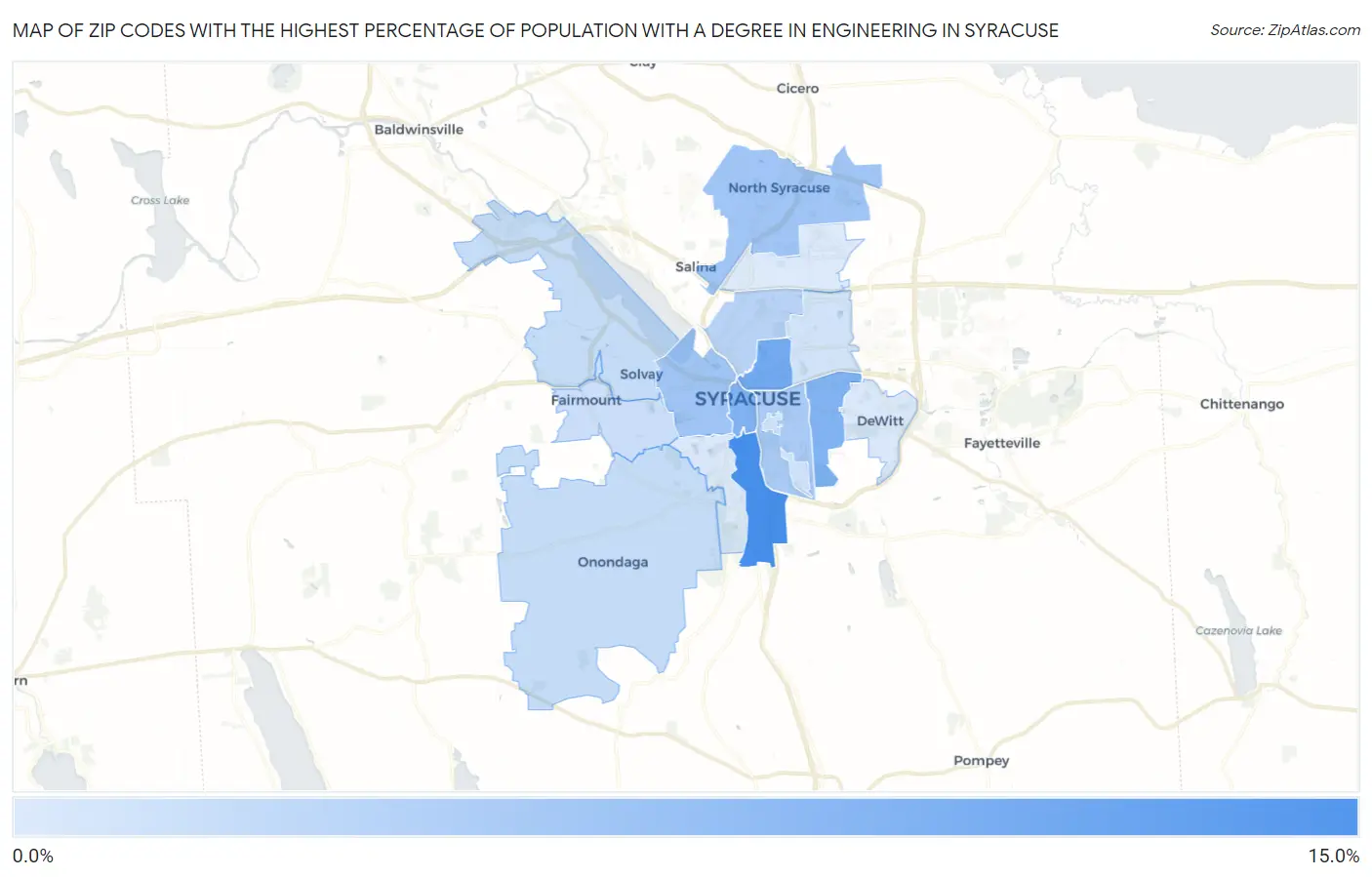 Zip Codes with the Highest Percentage of Population with a Degree in Engineering in Syracuse Map