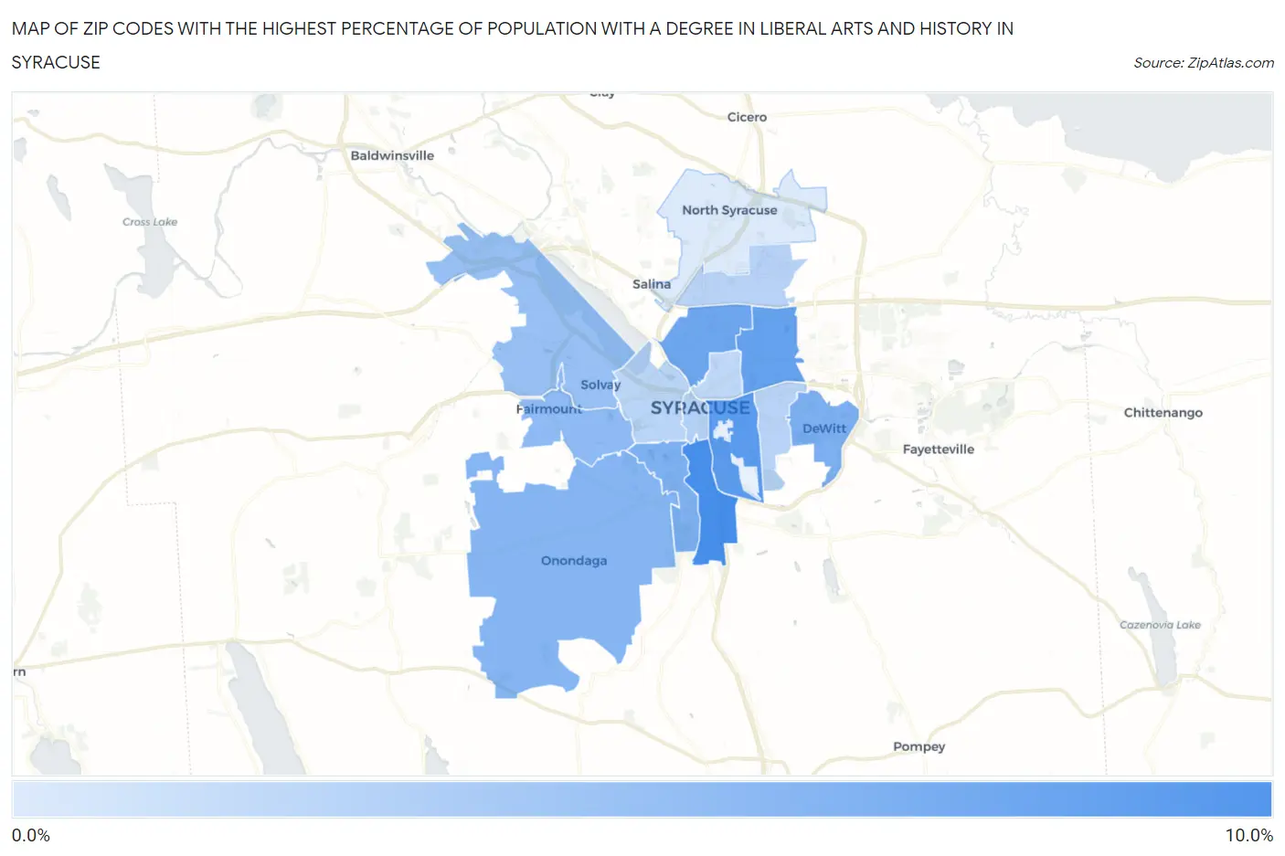 Zip Codes with the Highest Percentage of Population with a Degree in Liberal Arts and History in Syracuse Map