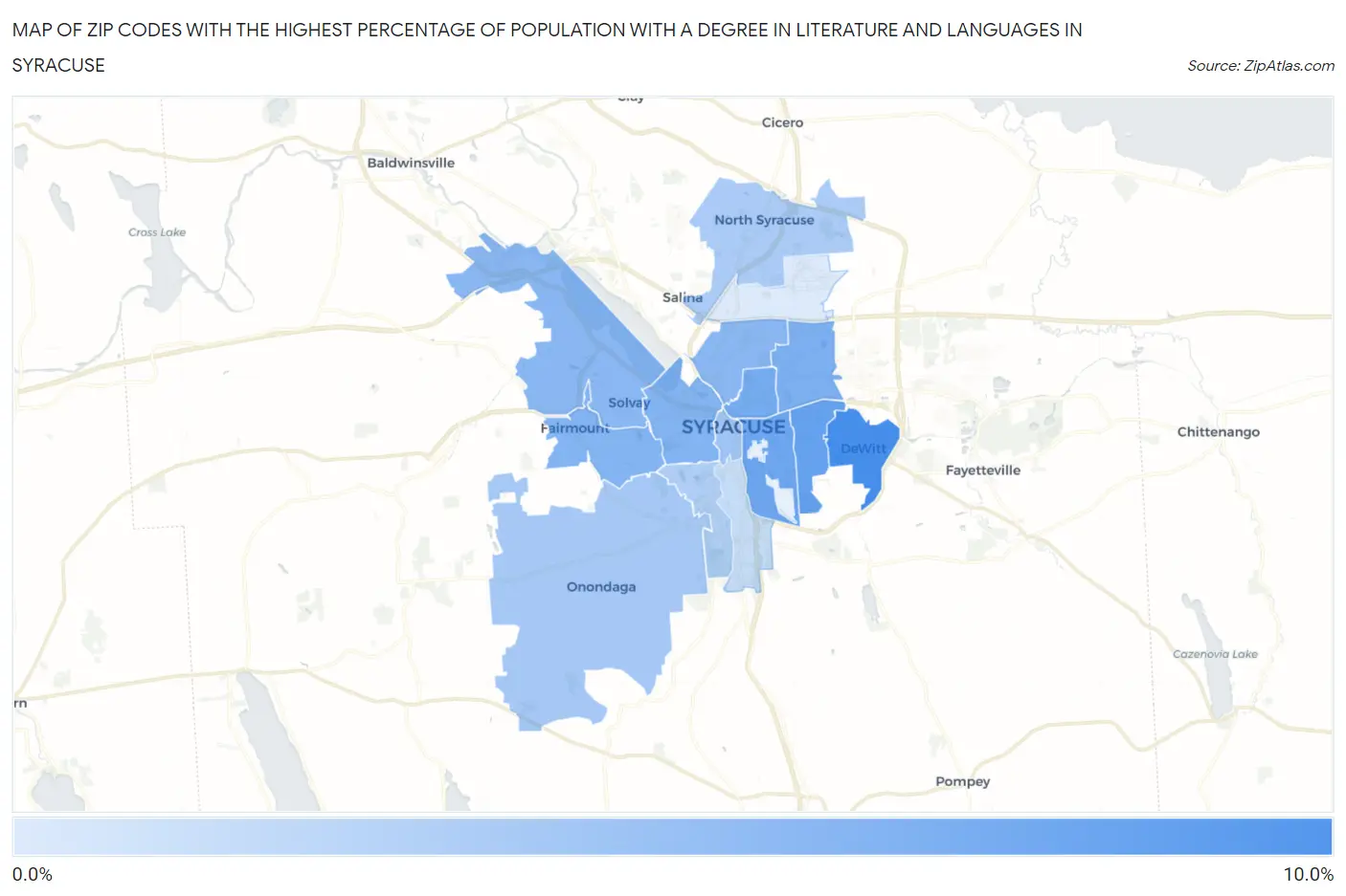 Zip Codes with the Highest Percentage of Population with a Degree in Literature and Languages in Syracuse Map