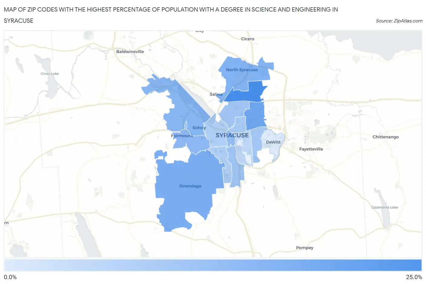 Zip Codes with the Highest Percentage of Population with a Degree in Science and Engineering in Syracuse Map