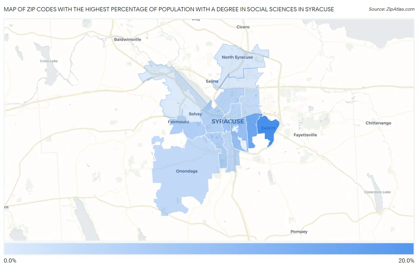 Zip Codes with the Highest Percentage of Population with a Degree in Social Sciences in Syracuse Map