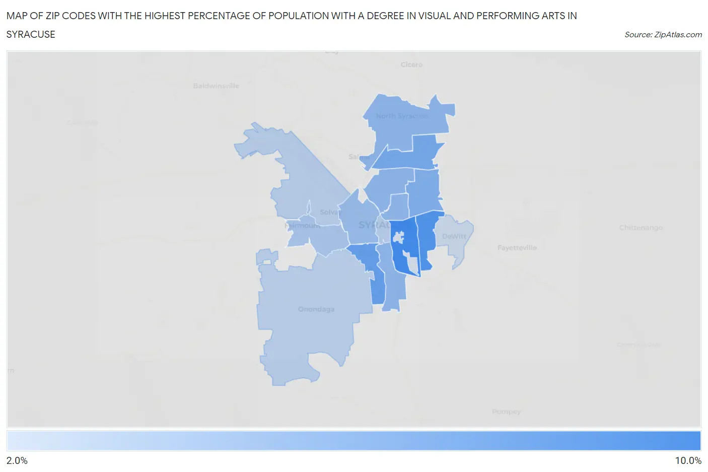 Zip Codes with the Highest Percentage of Population with a Degree in Visual and Performing Arts in Syracuse Map