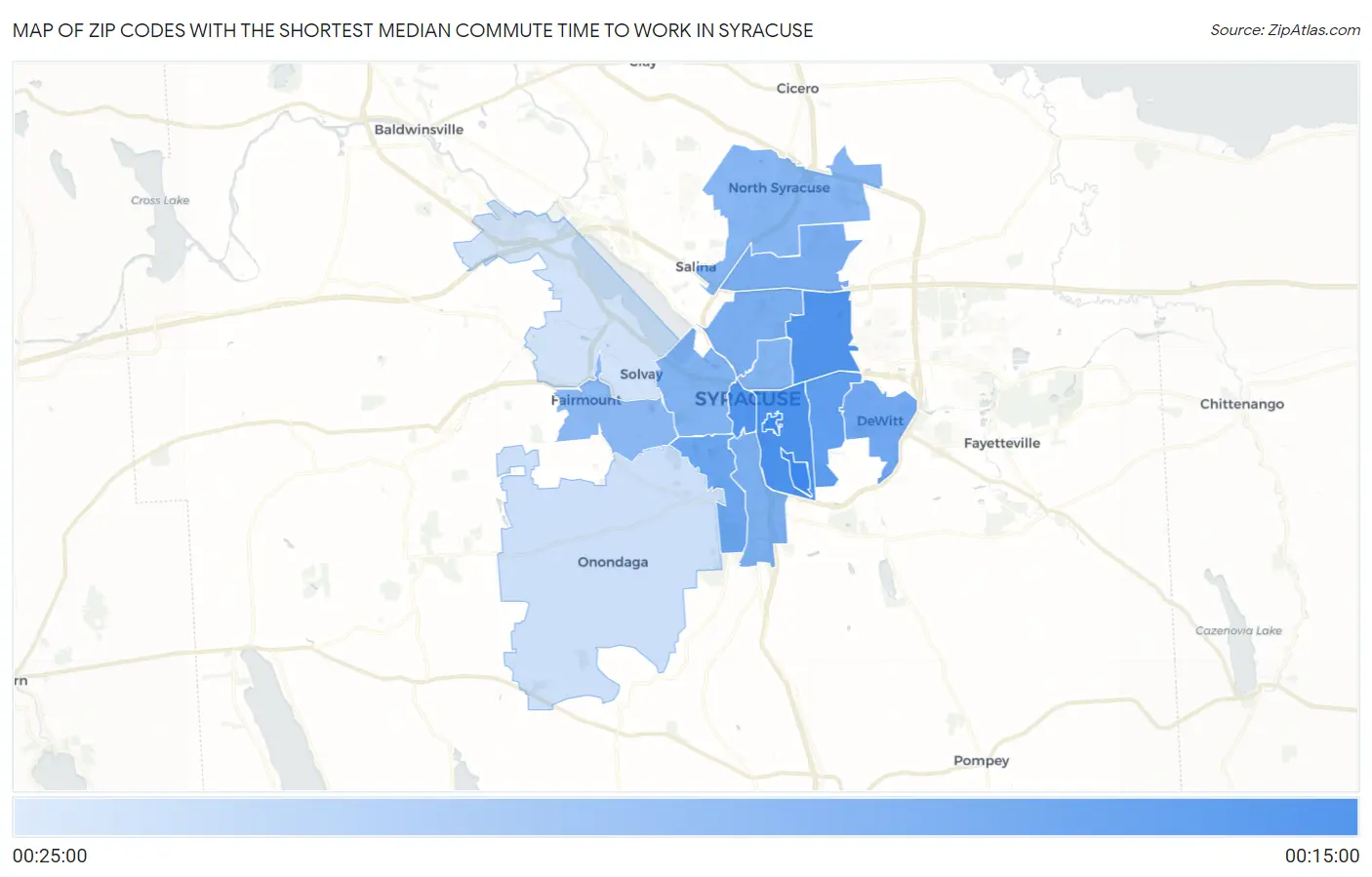 Zip Codes with the Shortest Median Commute Time to Work in Syracuse Map